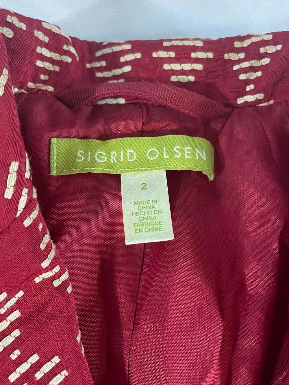 Sigrid Olsen Women’s Red Lined Jacket, Cream Dash Pattern, Buttons/Pockets, Sz 2 - Picture 3 of 13